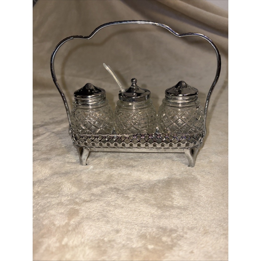 Vintage Glass Salt & Pepper Shaker's with Mustard Jar Silver Plate W/carrier